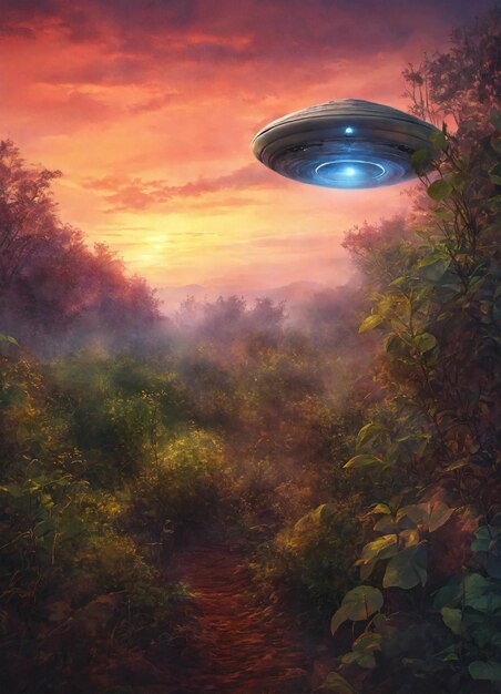 a ufo in the sky above a forest