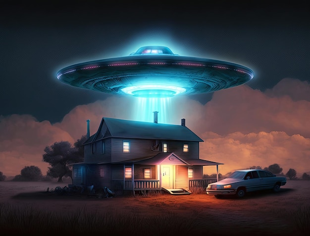 UFO unidentified flying object with light beam above house in night sky alien abduction