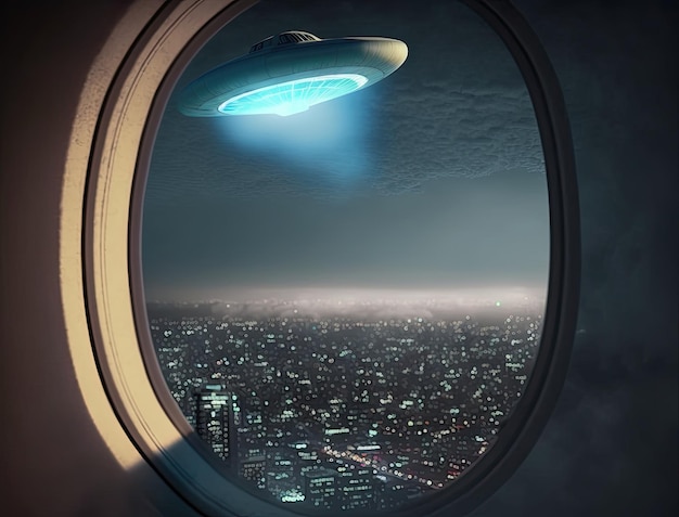 UFO vliegende schotel boven de stad door een niet-geïdentificeerd vliegend object in de lucht