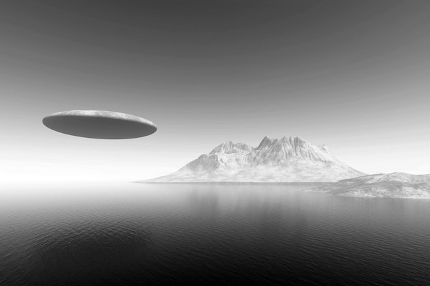 UFO vliegt over het zeebodem.
