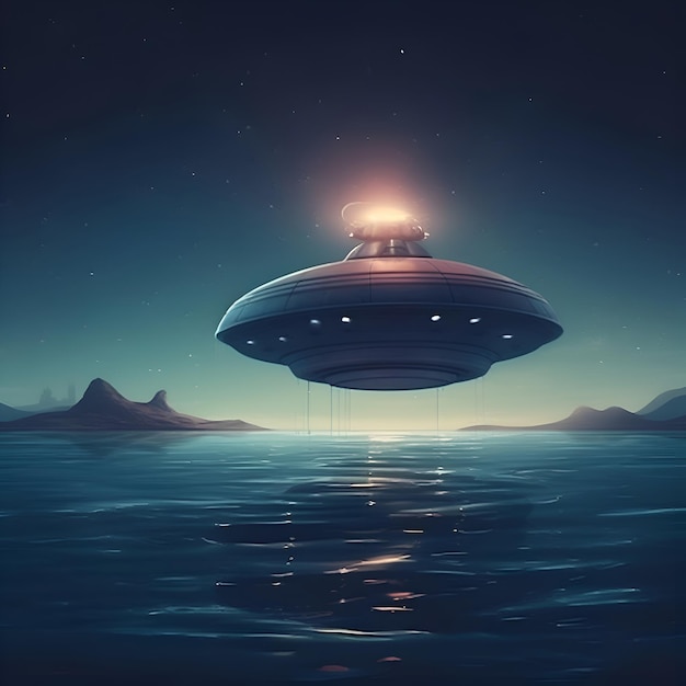 Foto ufo vliegt's nachts over de zee 3d rendering