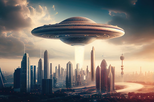 Ufo zweeft boven het futuristische stadsbeeld van de toekomst