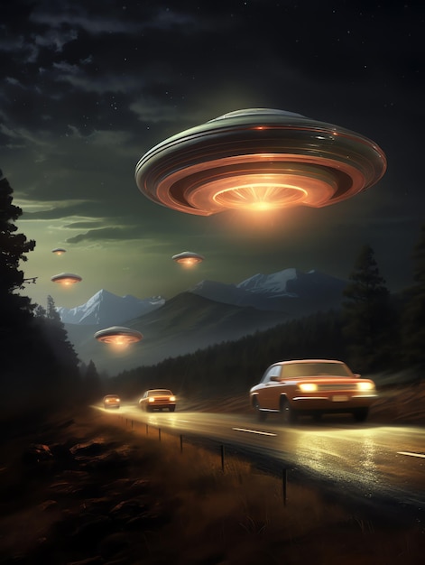 Foto ufo impegnati in un inseguimento ad alta velocità illustrazione fantascientifica per poster