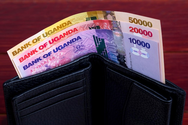 黒い財布でシリングするウガンダのお金