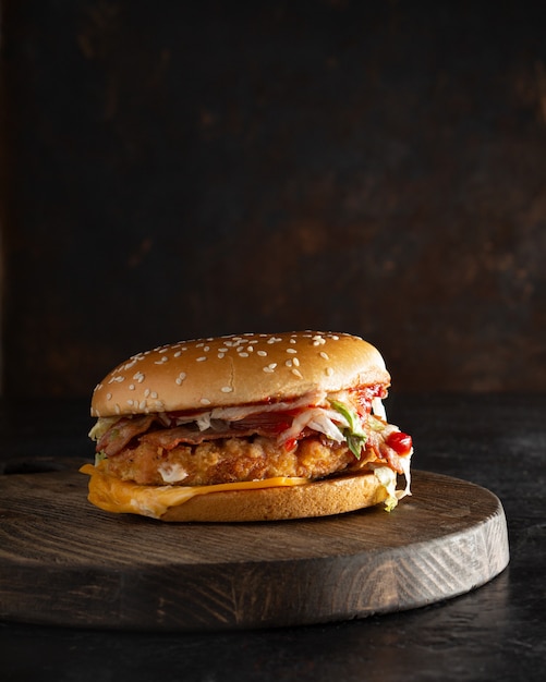 Ugly burger on a cutting board