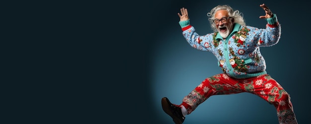 Уродливый рождественский день свитера. Крутой старик танцует в трикотажной одежде на синем фоне. Копирование пространства