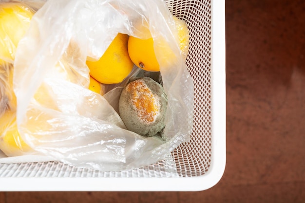 Photo ugly fruits rotten lemons with mildew in plastic bag