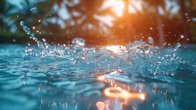 パームの葉のそばに水晶のように澄んだ水の上に浮かんでいるウグニ 幅広いレンズ 超詳細