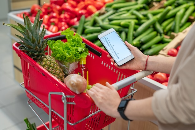 Uherkenbaar persoon met winkelwagentje in supermarkt kijken naar boodschappenlijstje op smartphone