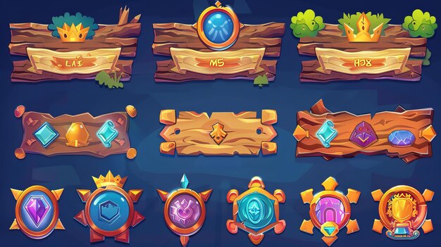 Photo ui icons buttons ranking badges achievement banners wooden bordering isolated award or bonus modern graphic elements for rpg 2d design