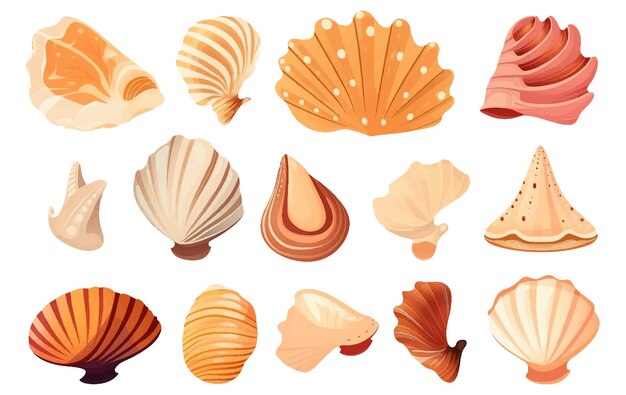 Ui set vector illustration of colorful different shells from the bottom of the ocean isolated on