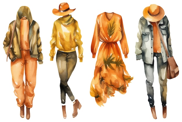 Ui は、白い背景に分離された女性の秋の服装のベクトル イラストを設定