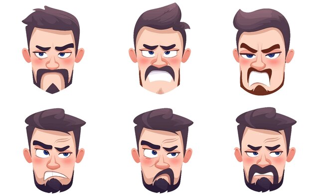 Ui set vectorillustratie van een set van mannelijke gezichtsuitdrukking ongelukkige emoties geïsoleerd op wit