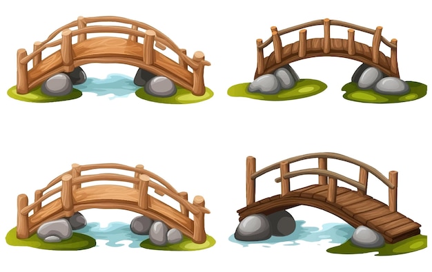 Ui set vectorillustratie van houten brug isoleren op witte achtergrond