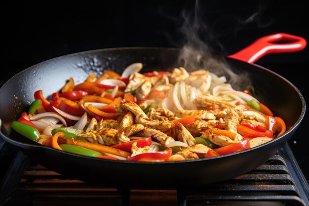 Uien en paprika roeren in koekenpan met kipfajita