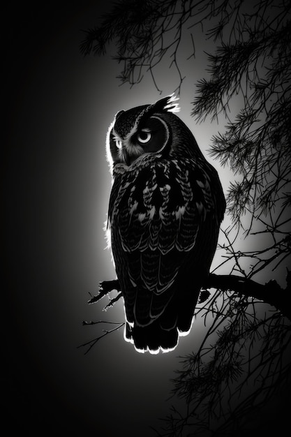 uil dier silhouet studio foto tegenlicht schijnwerper dichtbij scherp retro zwart wit zwart-wit