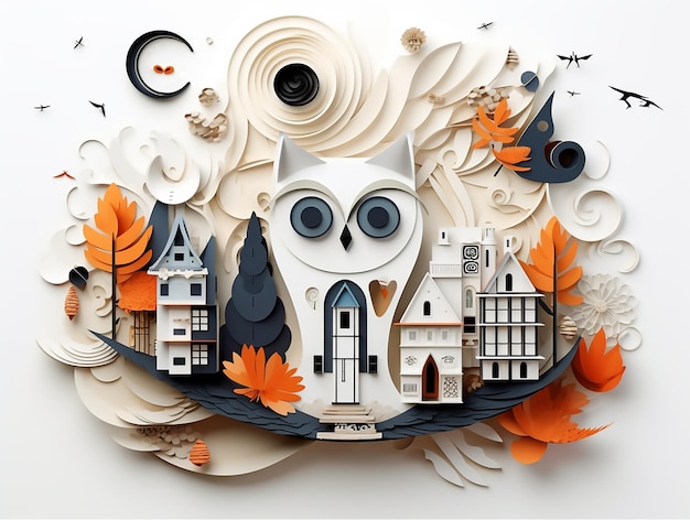 Uil en de stad Halloween illustratie concept papieren collage en mix media Minimal design
