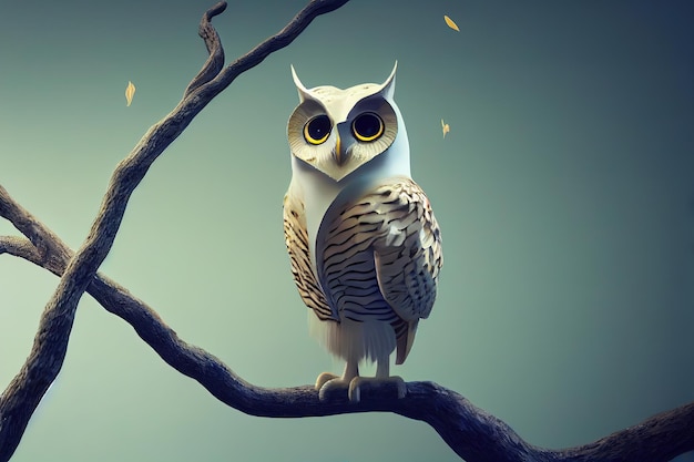 Uil op de boom 3D render Rasterillustratie