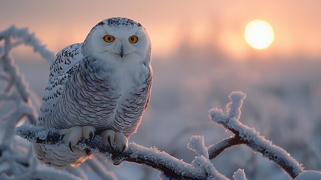 uil op een besneeuwde tak met de zon achter