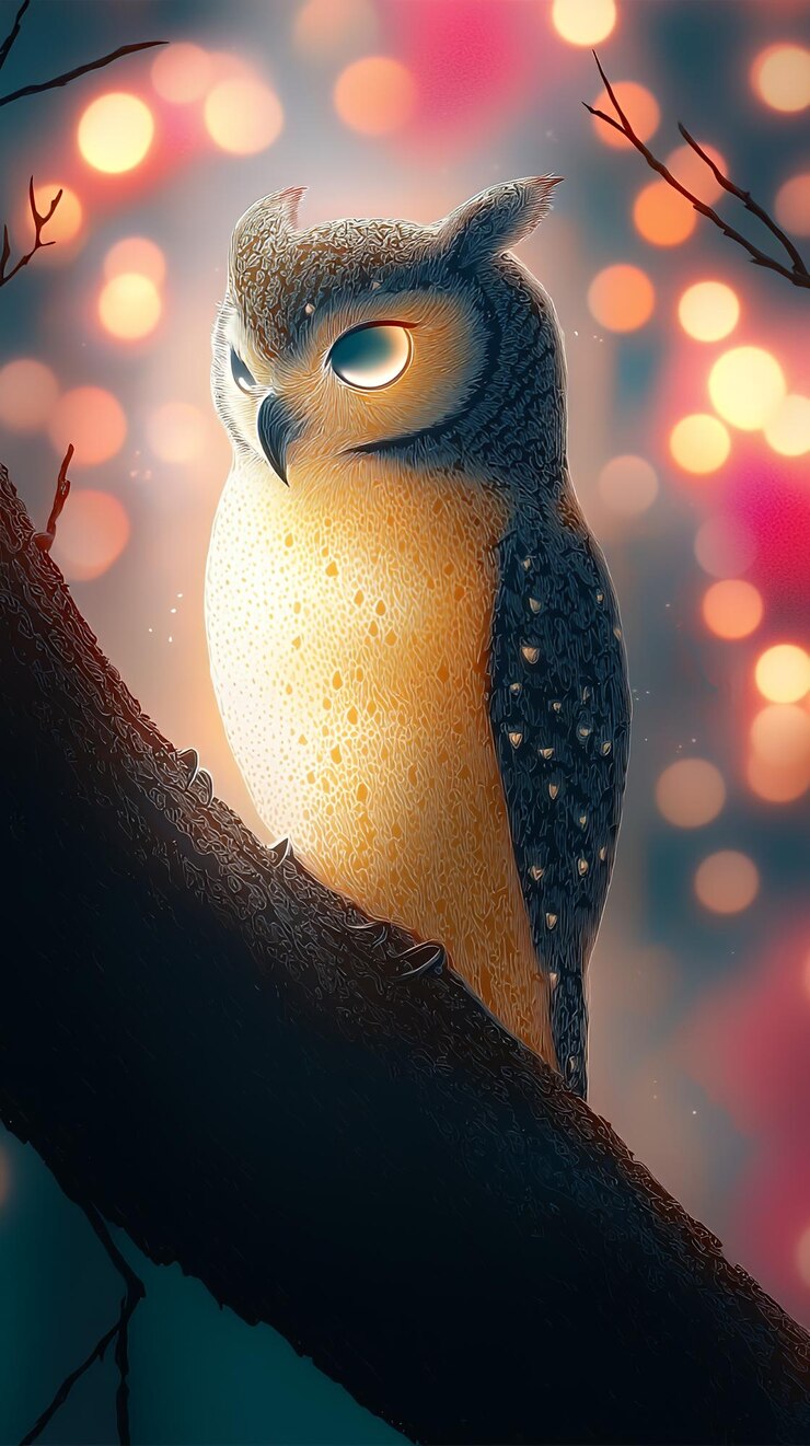 Foto uil op tak met bokeh-lichten