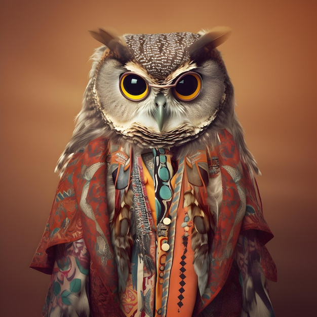 uil vogel in boho Boheemse middeleeuwse hippie-outfit met surrealistische kralen