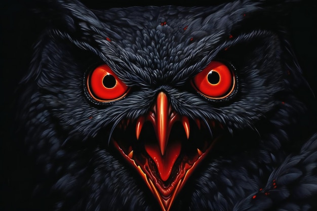 Uilkop met scherpe rode ogen op zwarte achtergrond