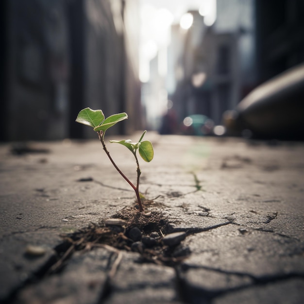 Uit een scheur in een straat groeit een plant.