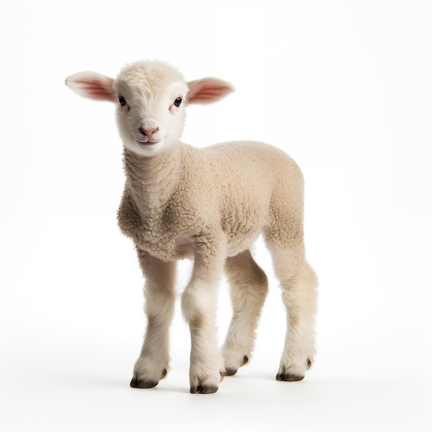 Foto uit gesneden jong schaap lam geïsoleerd op witte achtergrond naar de camera full body length