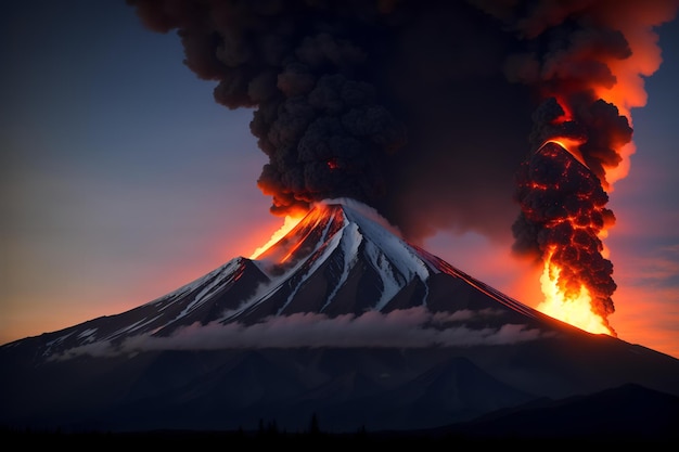 uitbarstende berg spuwt vurige as de lucht in
