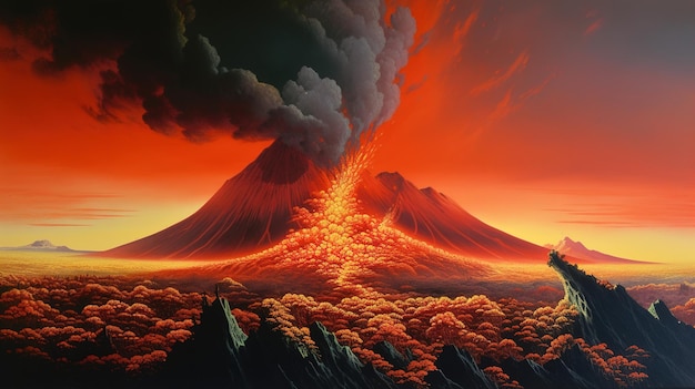 Uitbarstende vulkaan met lava op de top