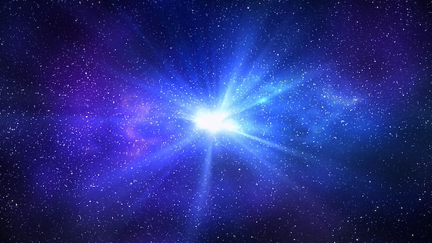 Foto uitbarsting van licht in de ruimte nachtelijke sterrenhemel en heldere blauwe melkweg horizontale achtergrond