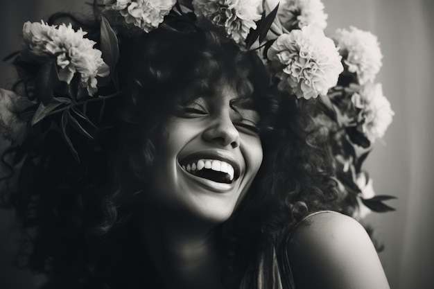 Foto uitbarsting van vreugde een aangename vrouw met bloemenversieringen in haar boeiende krullende haar