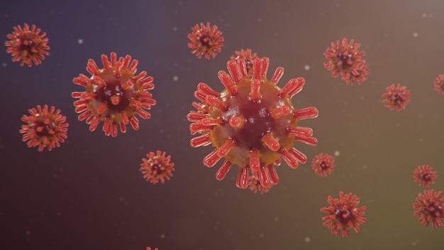Uitbraak van coronavirus, griepvirus en 2019-nCov. Concept van een pandemie, epidemie voor menselijke cellen. COVID-19 onder de microscoop, ziekteverwekker die de luchtwegen aantast, 3d illustratie