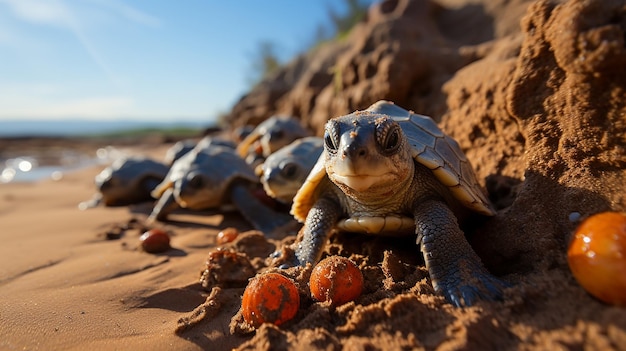 Uitgekomen schildpadden kruipen op het strand