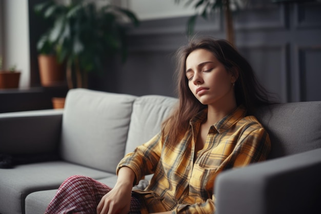 Uitgeputte jonge vrouw die op een comfortabele bank slaapt na een dag hard werken, vermoeidheid en burn-out