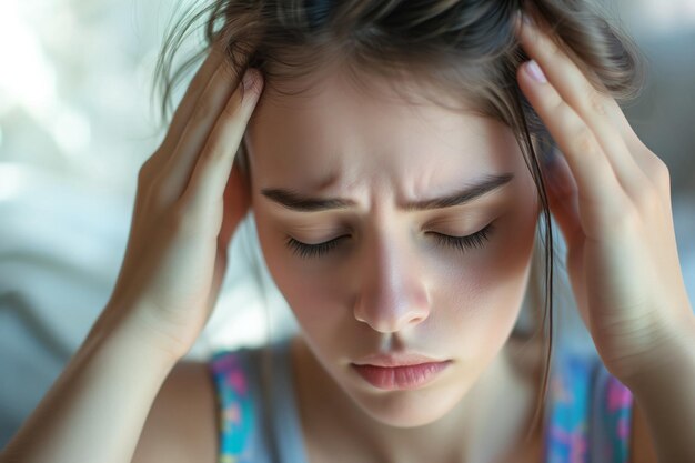 Uitgeputte vrouw in nood die haar hoofdpijn verzacht of de depressie bestrijdt