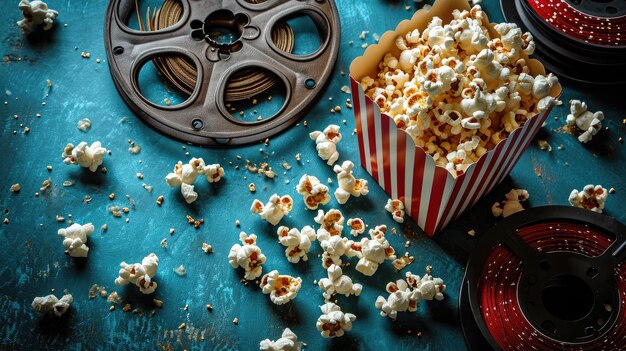 Uitgestort popcorn en filmrollen op een blauwe oppervlakte