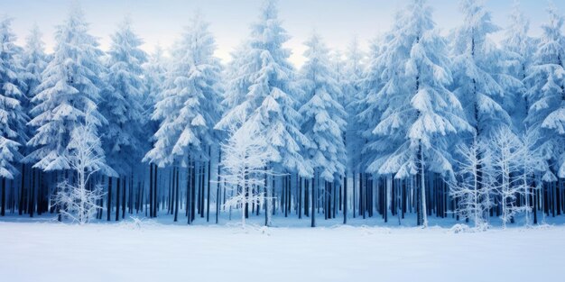 Uitgestrekt achtergrondlandschap met rijen dennenbomen bedekt met sneeuw Generatieve AI