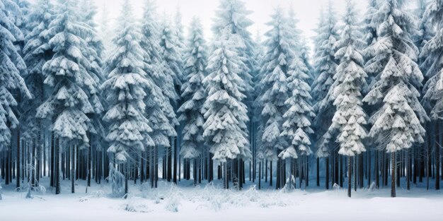 Uitgestrekt achtergrondlandschap met rijen dennenbomen bedekt met sneeuw Generatieve AI