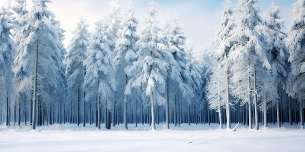 Uitgestrekt achtergrondlandschap met rijen dennenbomen bedekt met sneeuw Generatieve AI