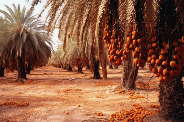 Uitgestrekt dadelpalmbos met clusters van rijpe dadels Generatieve AI