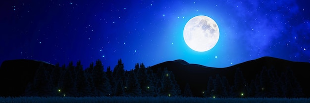 Uitgestrekte graslanden met dennenbomen en bergen afwisselend op de achtergrond Volle maan nacht heldere sterren vullen de hemel Nacht berglandschap met vuurvliegjes die boven de grond vliegen 3D Rendering