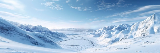 uitgestrekte verlaten sneeuwland grote bergen op de achtergrond sneeuwval met lichtblauwe lucht en lichtblauwe kleuren vredige sfeer AI Generatief