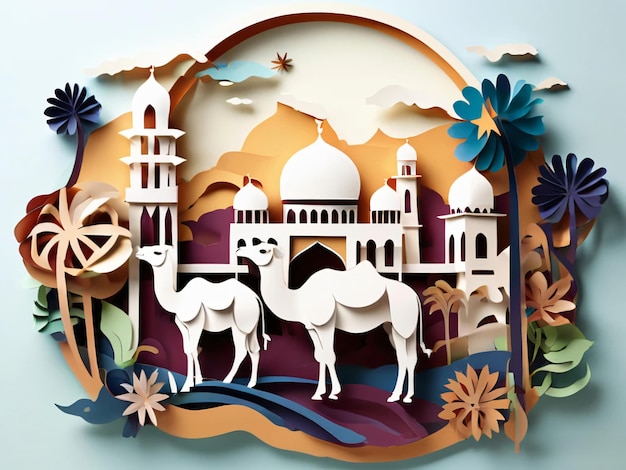 Uitknipsel van een kameel en een kameel met een afbeelding van een moskee erop Eid ul Adha