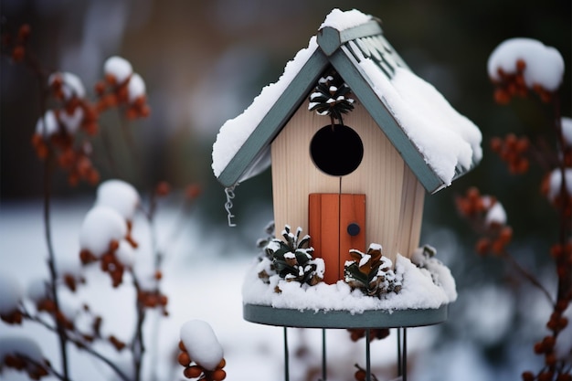 Uitnodigende winter vogelhuis voeder een charmante toevluchtsoord voor gevederde metgezellen