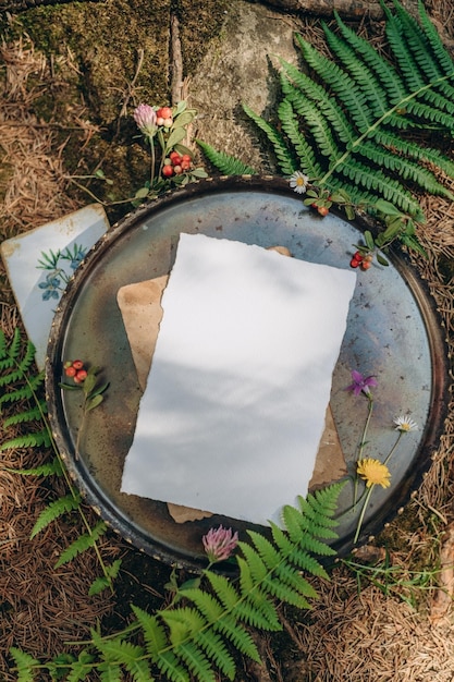 uitnodiging of wenskaart mockup op een natuurlijke achtergrond in het bos, papieren mockup op een bos b