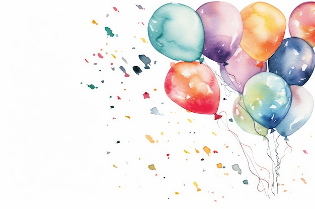 Uitnodiging voor aquarel feest met ballonnen en confetti op witte achtergrond AI gegenereerd