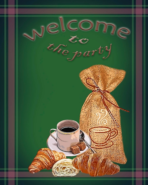 Uitnodigingskaart poster partij banner met koffie koffiekopje croissant