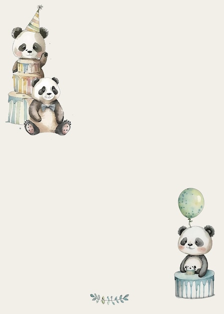 Uitnodigingssjabloon voor kinderfeestjes met aquarel panda's cake en ballonnen