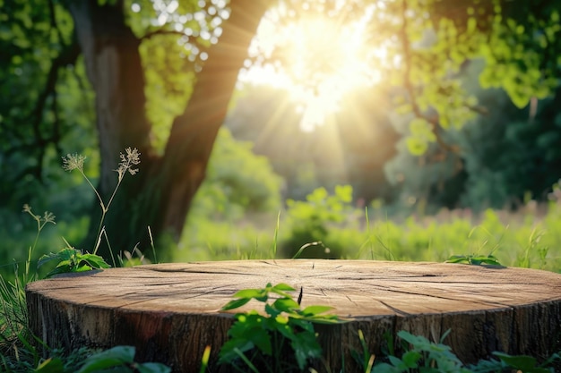 Uitstallingstafel op een boerderij met voedselparfums en -producten op de achtergrond van de natuur